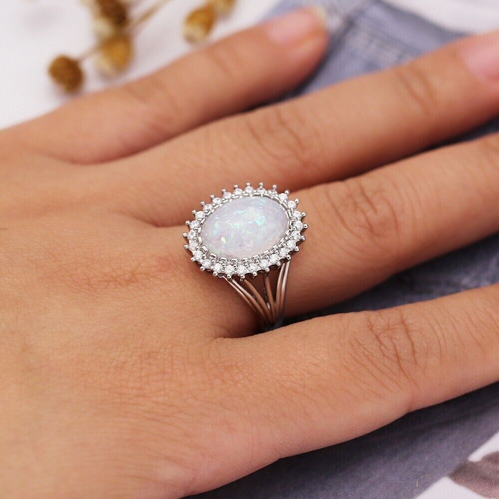 Silver Plated Fire Opal Inlay Christmas Ring 2 CT CZ Vintage Style Unisex Ring