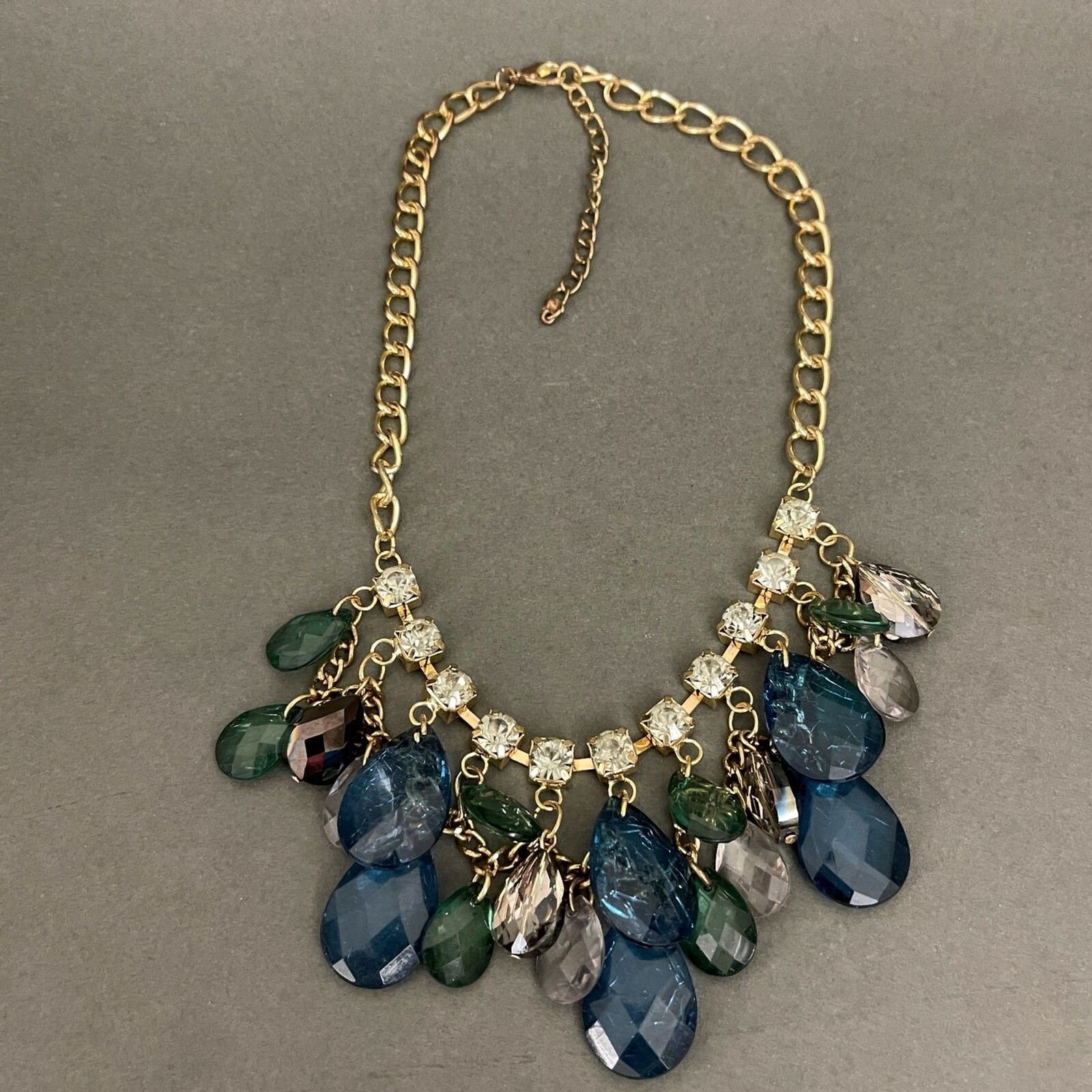 Blue Green Gold-tone Chain Statement Fashion Jewelry Necklace NWOT