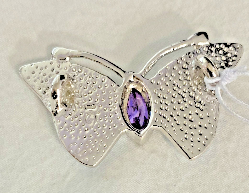 Sterling Silver Blue Lab Opal Purple CZ Butterfly Pendant Statement NOS 9.5g