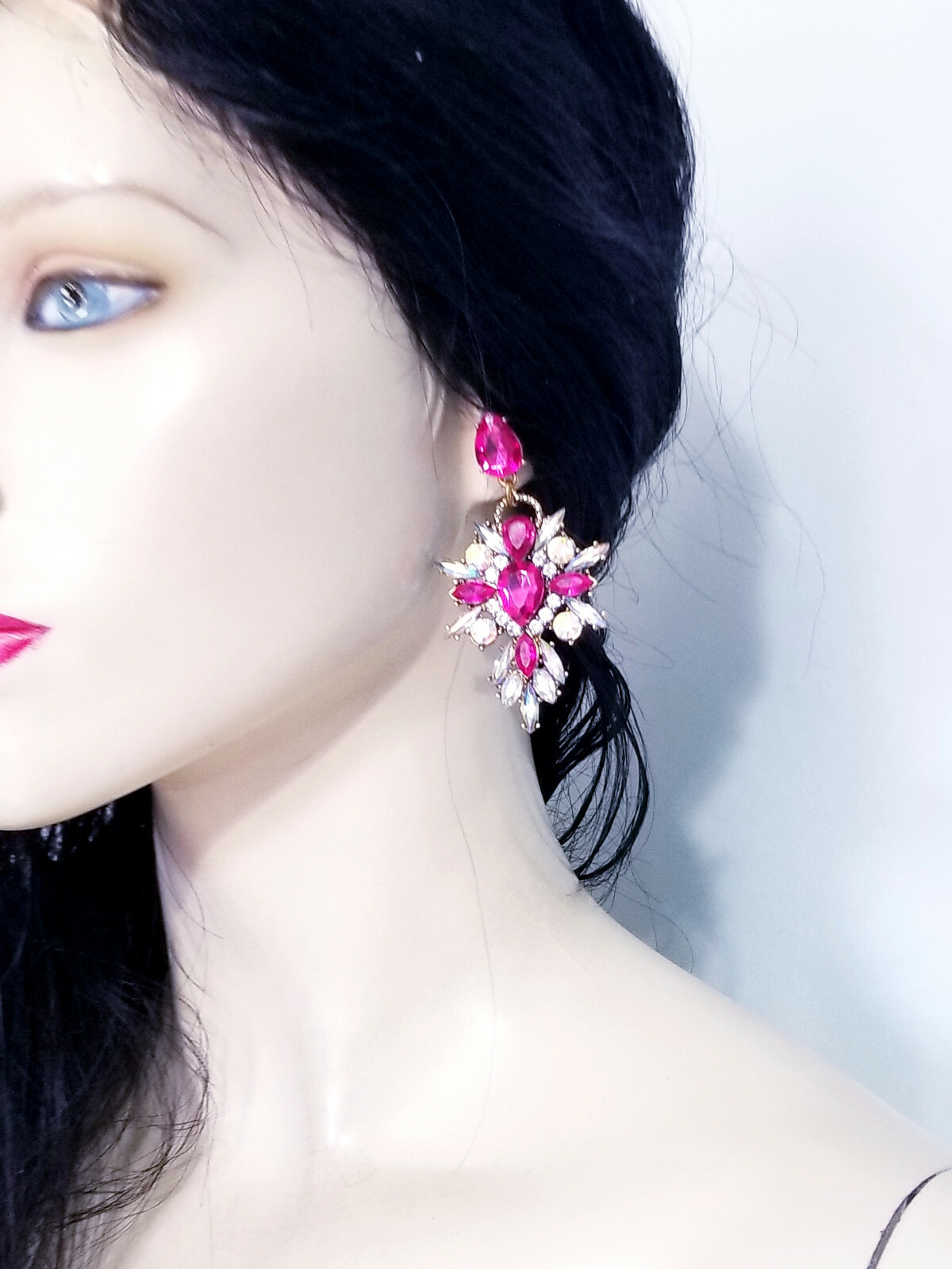 Chandelier Earrings Pink Rhinestone Crystal 2.8 in