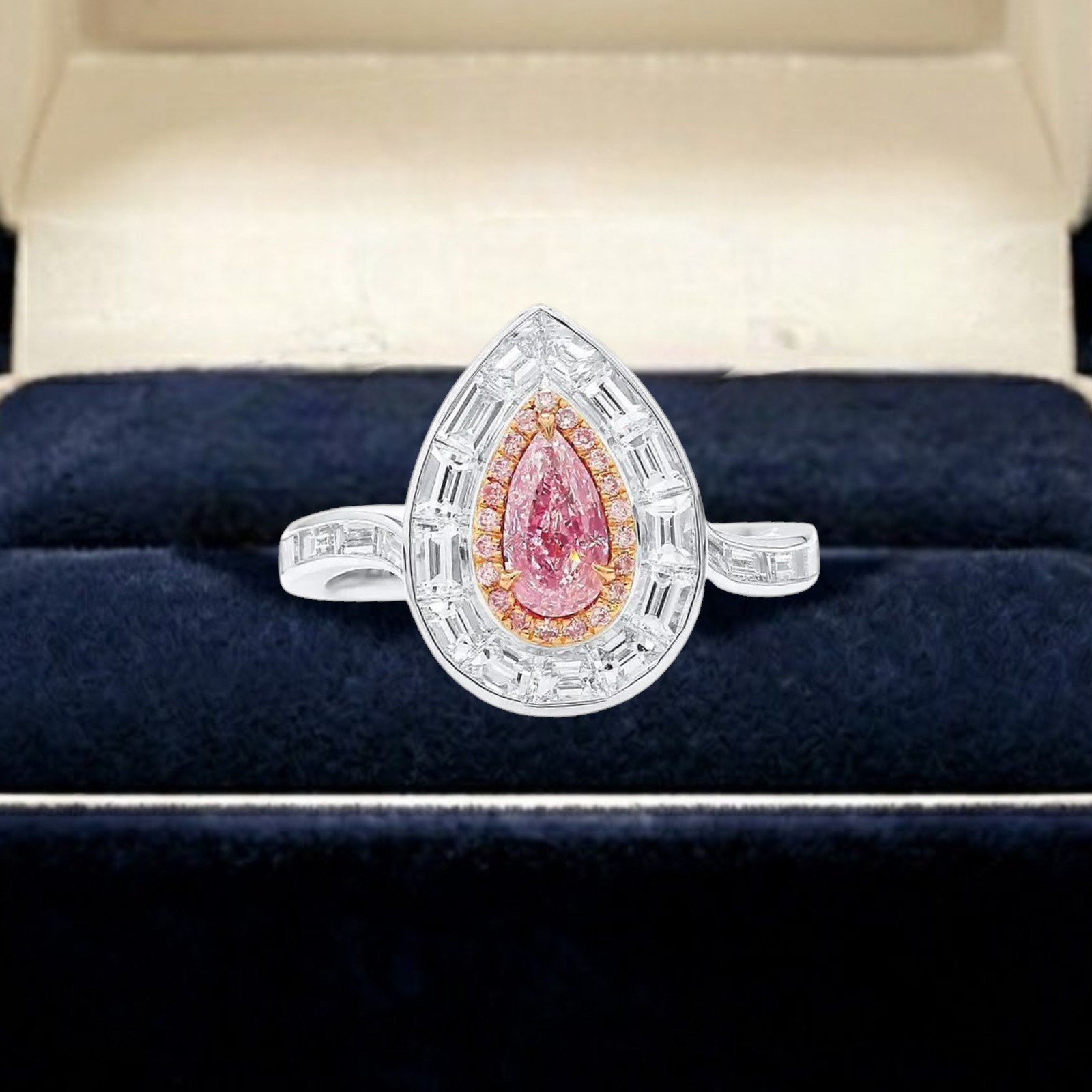 3.65 Carat Fancy Vivid Pink Pear Cut IGI Lab Created Diamond Ring 14k Multi Gold