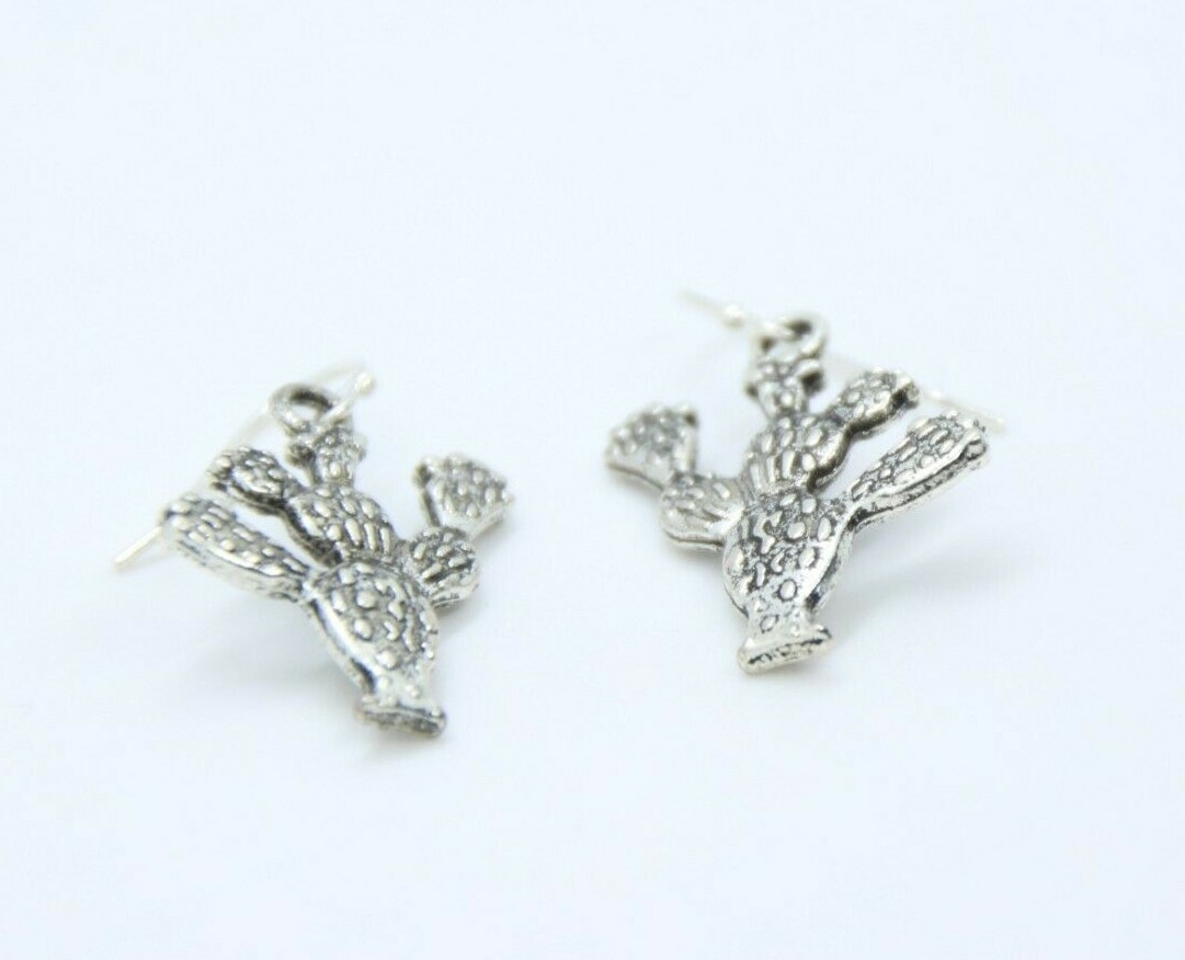 Cactus Plant Charm Earrings 925 Sterling Silver Hooks Pewter charms 1 1/4″