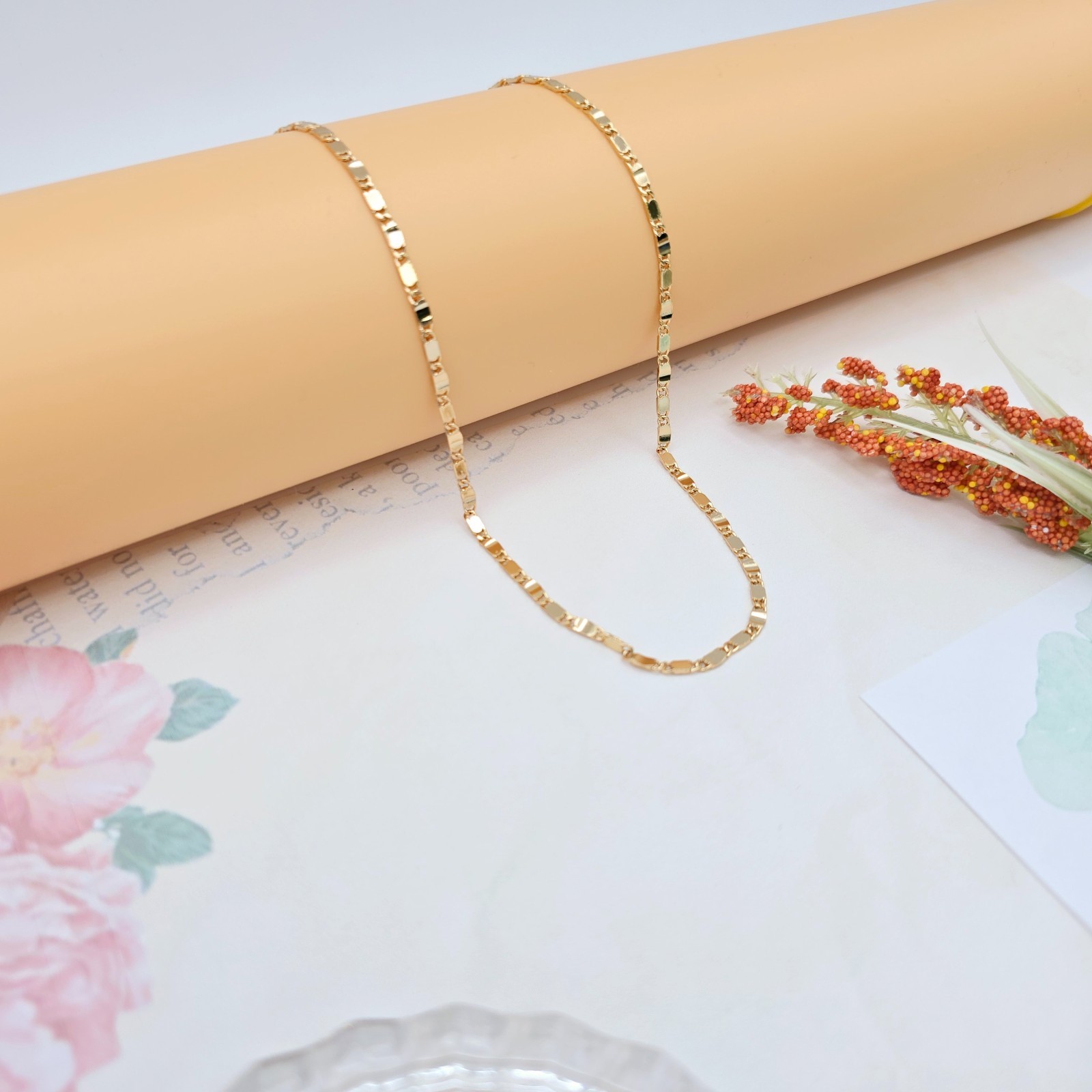 Rose Gold Flat Link Chain Necklace 45+5cm / 17.7+2 Inch Adjustable, XPNL0021