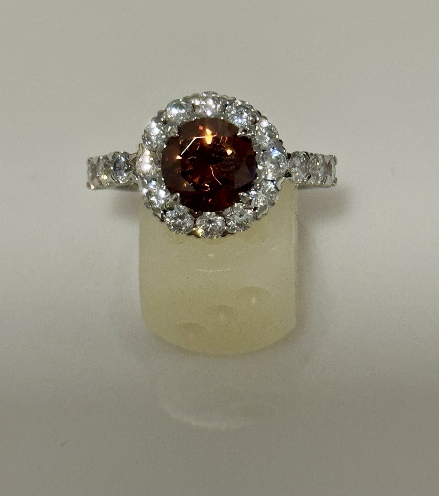 Cognac Brown/red Zircon Ring Size With Cz Accent Stones Sterling Silver Rhodium