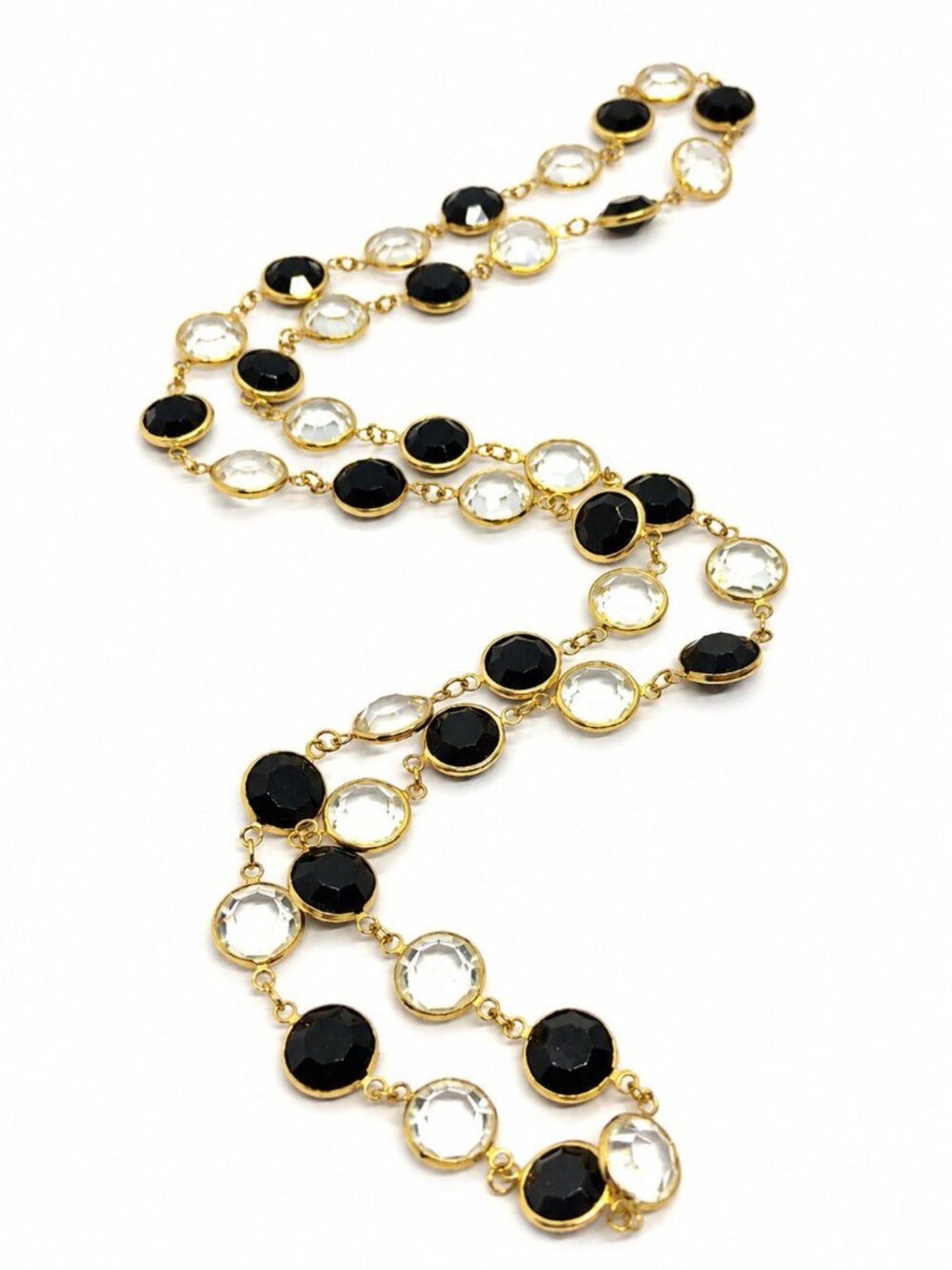 VINTAGE CRYSTAL NECKLACE Open Bezel Black Clear Glass Gold Tone 28″ Long