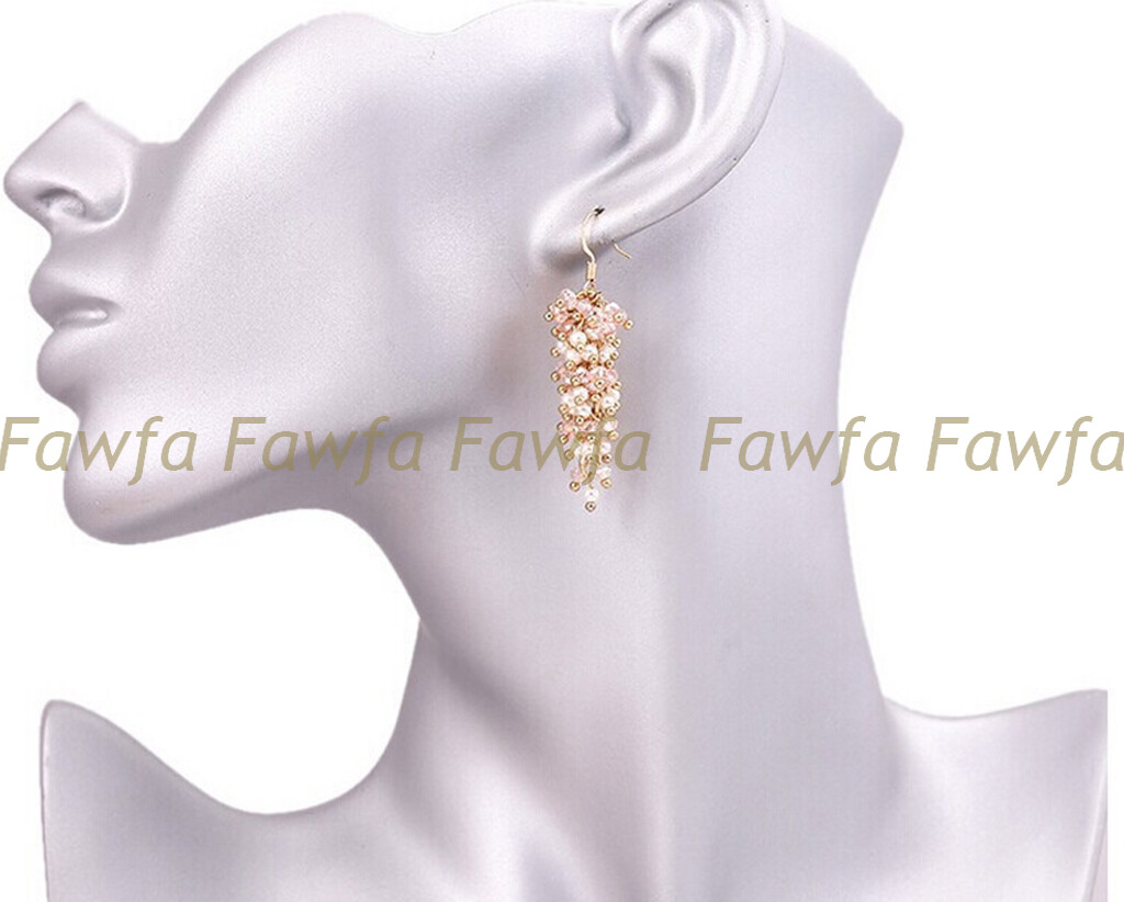 4mm Round White Shell Pearl 3x4mm Faceted Pink Crystal Dangle Gold Hook Earrings