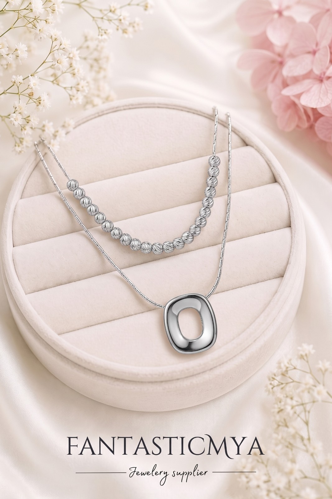 2Pcs Stainless Steel 18K White Gold Plated Layered Bead Oval Pendant Necklace