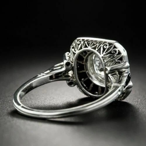 Art Deco Vintage Round Lab Created Diamond & Onyx Engagement Ring In 925 Silver
