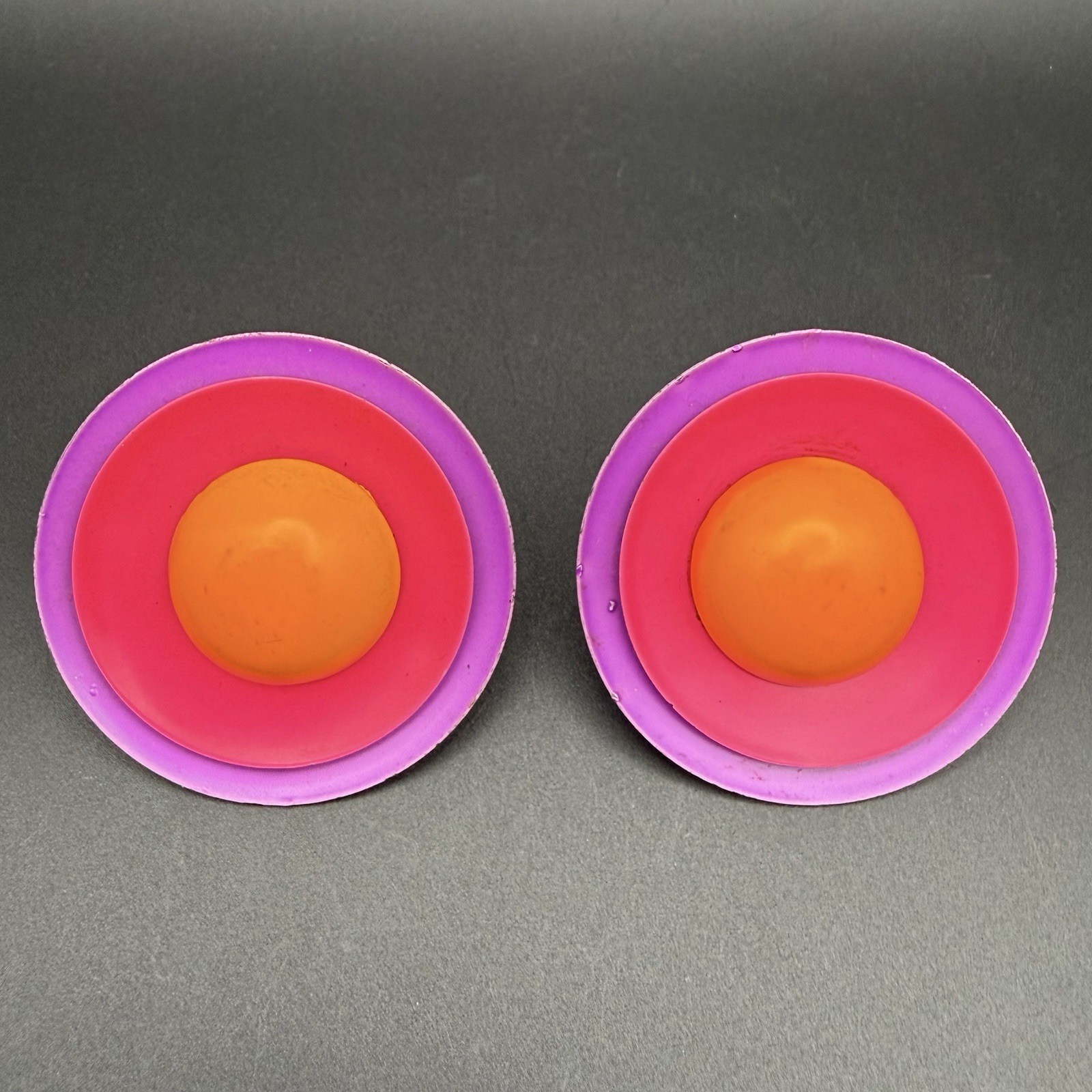 Vintage 80s Neon Color Block Disc Clip On Earrings Purple Pink Orange Statement