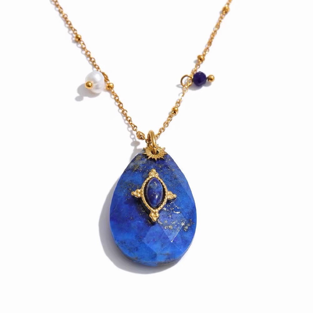 Teardrop Natural Stone Pendant Necklace PVD Gold Plated Stainless Steel- Blue
