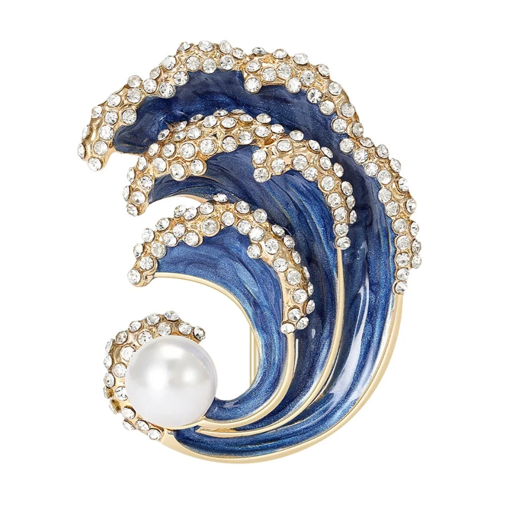Gold Ocean Wave Blue Brooch – Pearl & Rhinestone Water Pin, Winter Jewelry Gift