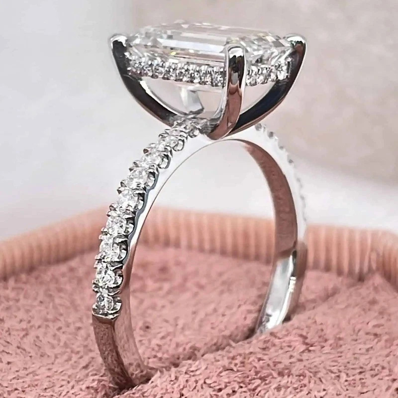 2.0CTW Emerald Cut Moissanite Hidden Halo Engagement Ring 14K White Gold Plated