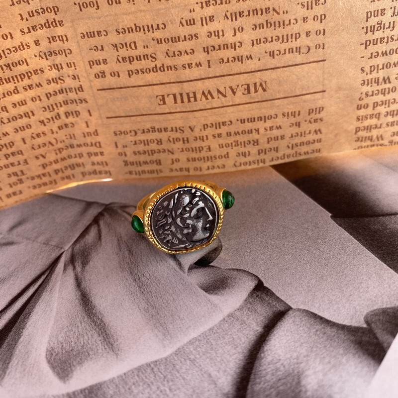 Retro Coins Hercules Inlay zircon adjustable Opening Ring