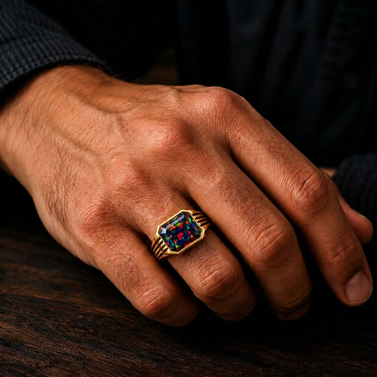 Black Fire Opal 925 Sterling Silver Ring Handmade Mens Signet Ring Gift For Him