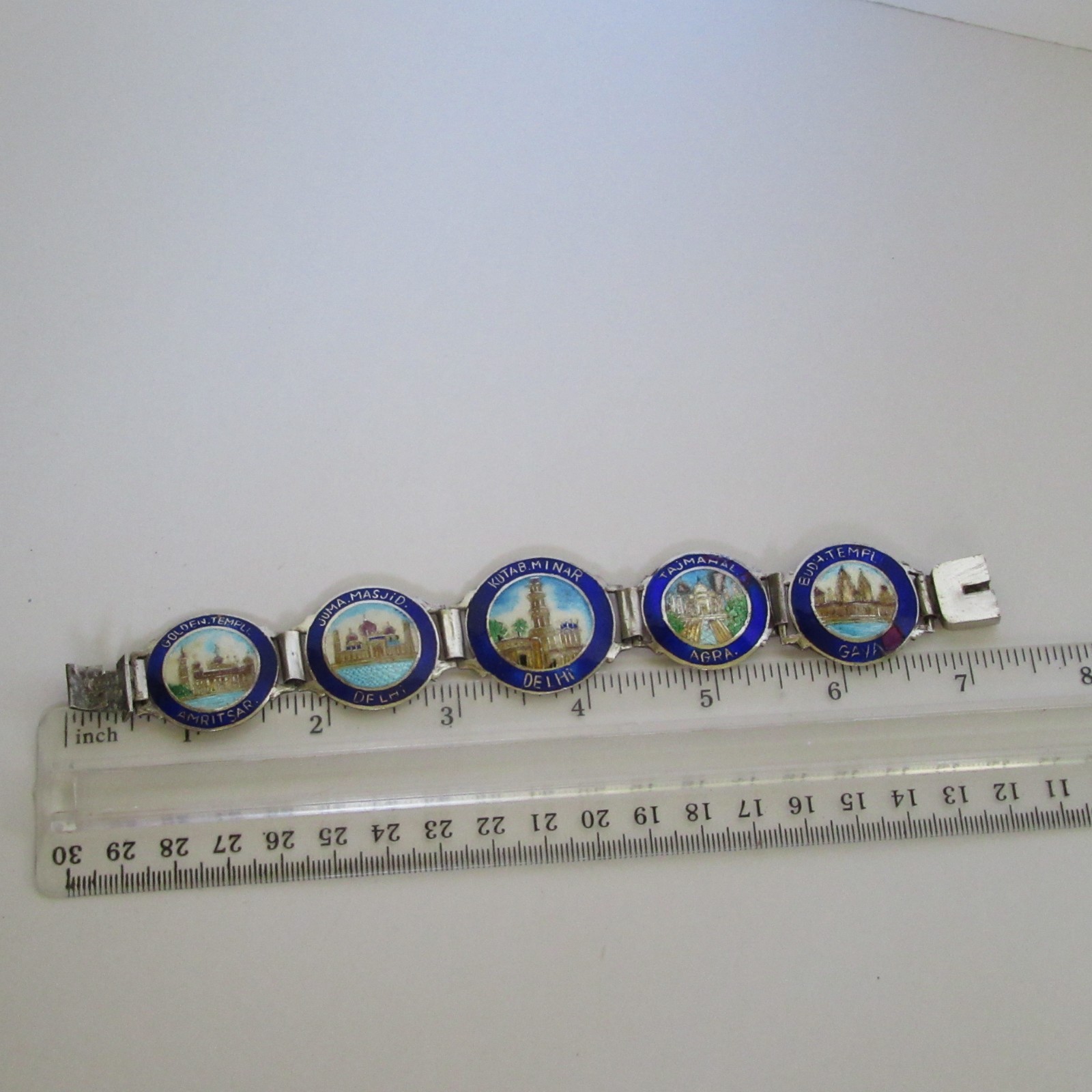 VTG Art Deco Silver Enamel India Souvenir Bracelet Taj Mahal Golden Temple Delhi