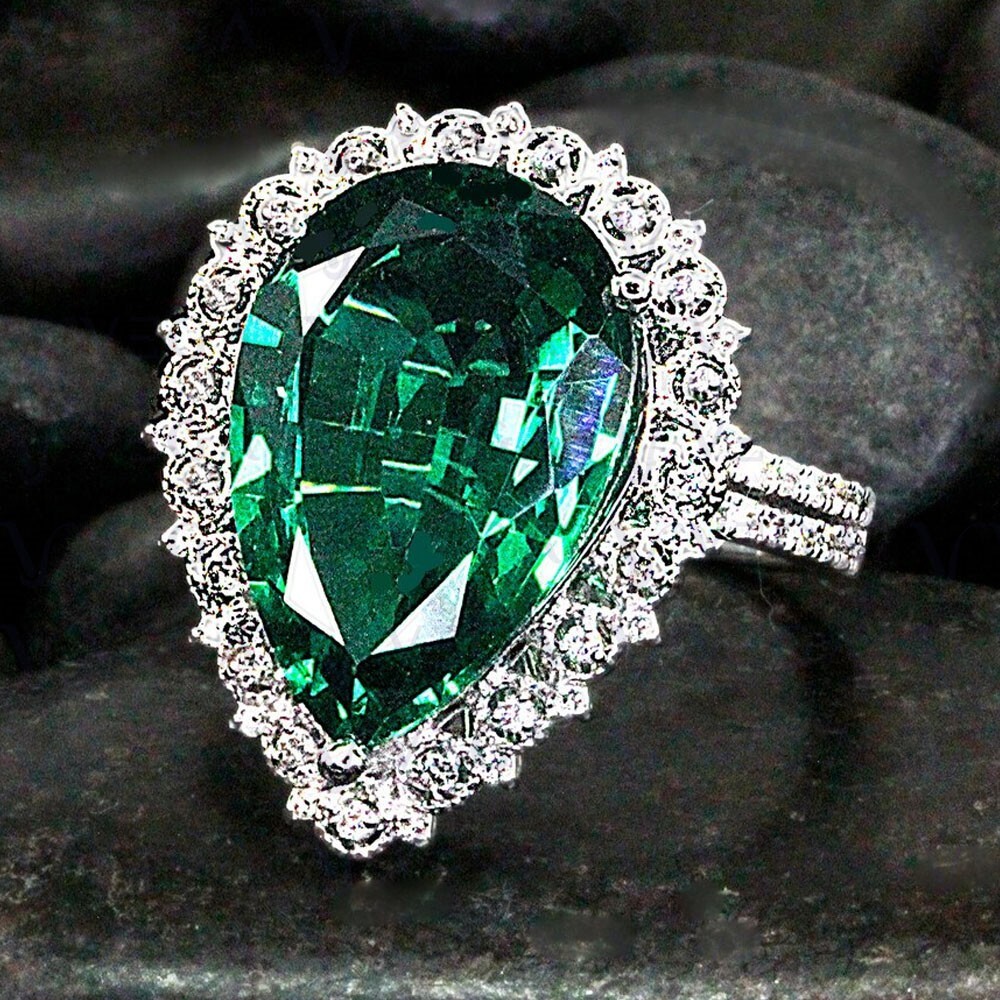 7.80Crt Pear Cut Natural Emerald and Diamond Wedding Ring 18K White Gold Plated
