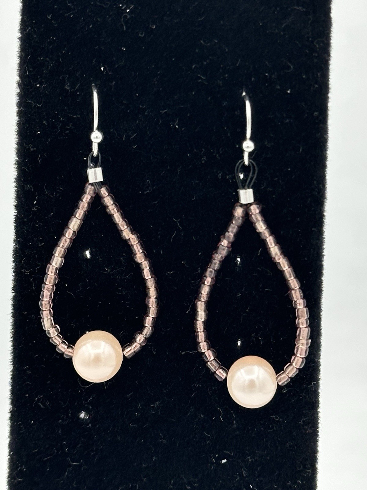 White Gold Plated, Lt Pink Shell Pearl & Glass Hoop Earrings