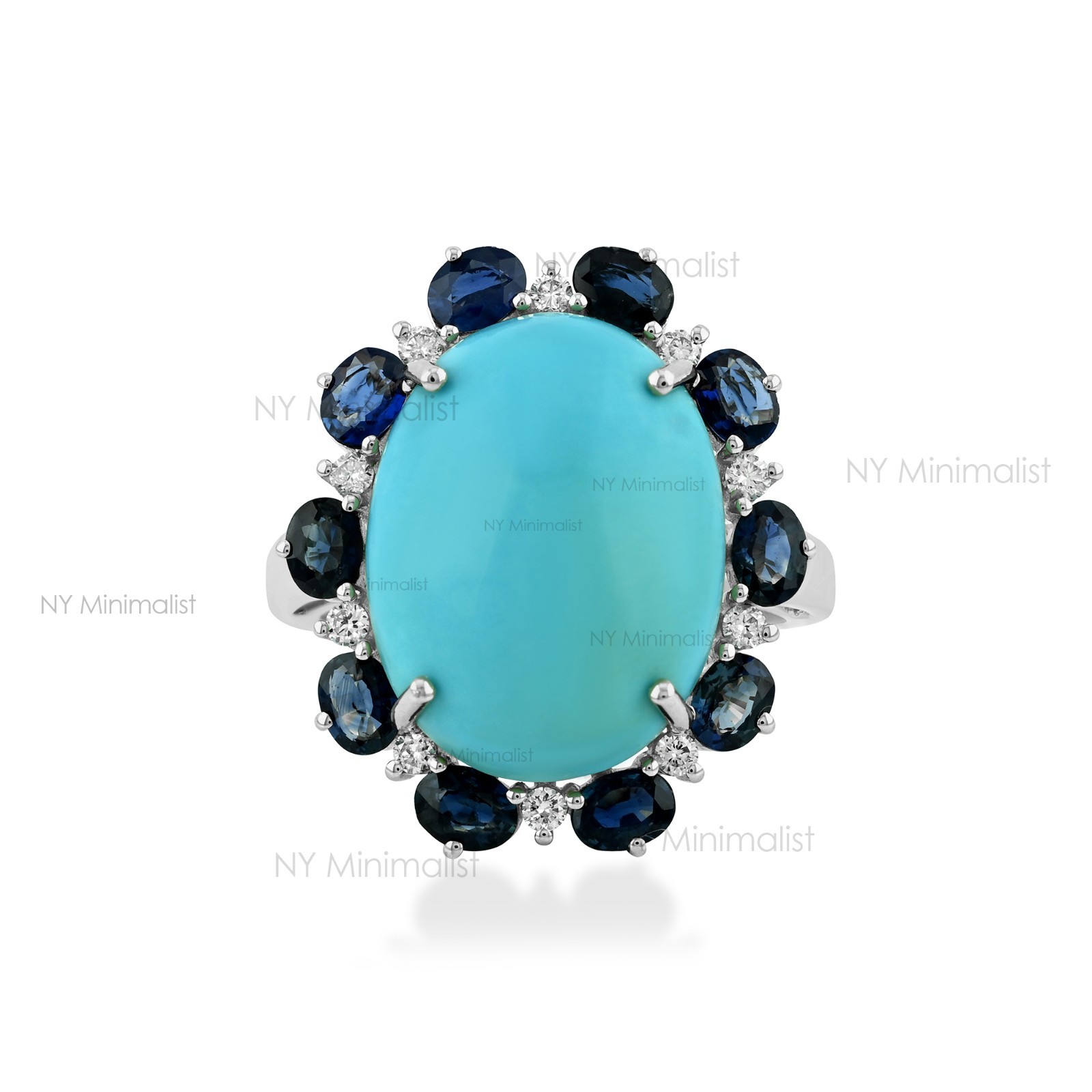 14K Solid Gold Genuine Oval Turquoise Blue Sapphire and Diamond Engagement Ring