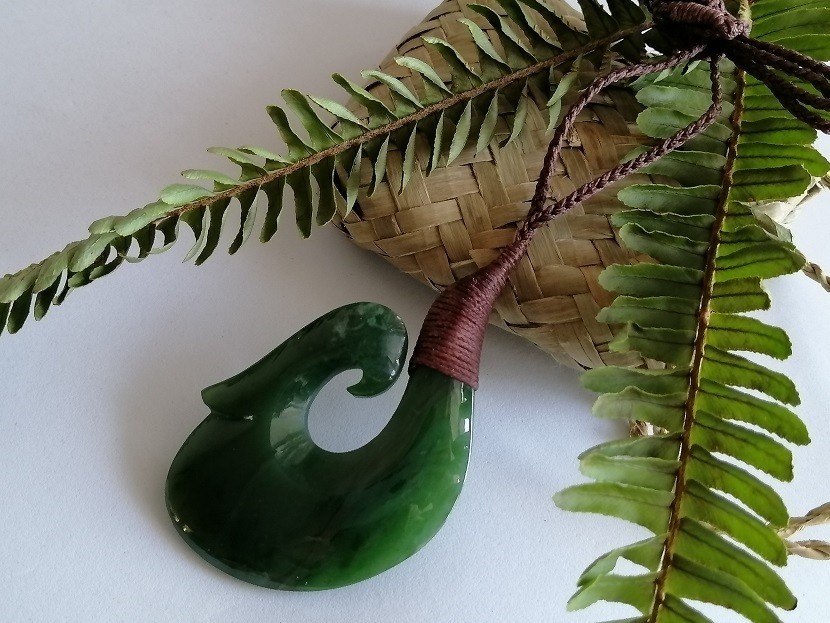 New Zealand Jade Greenstone Bound Fish Hook X Large pendant 70mm L x 45mm W
