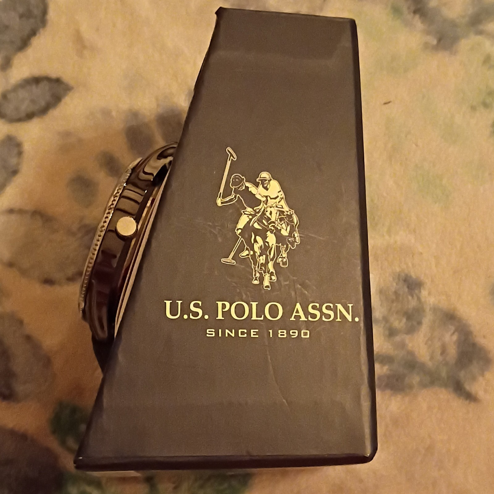 U.S. Polo Assn. Analog Quartz Black Dial Faux Leather Strap Date Box