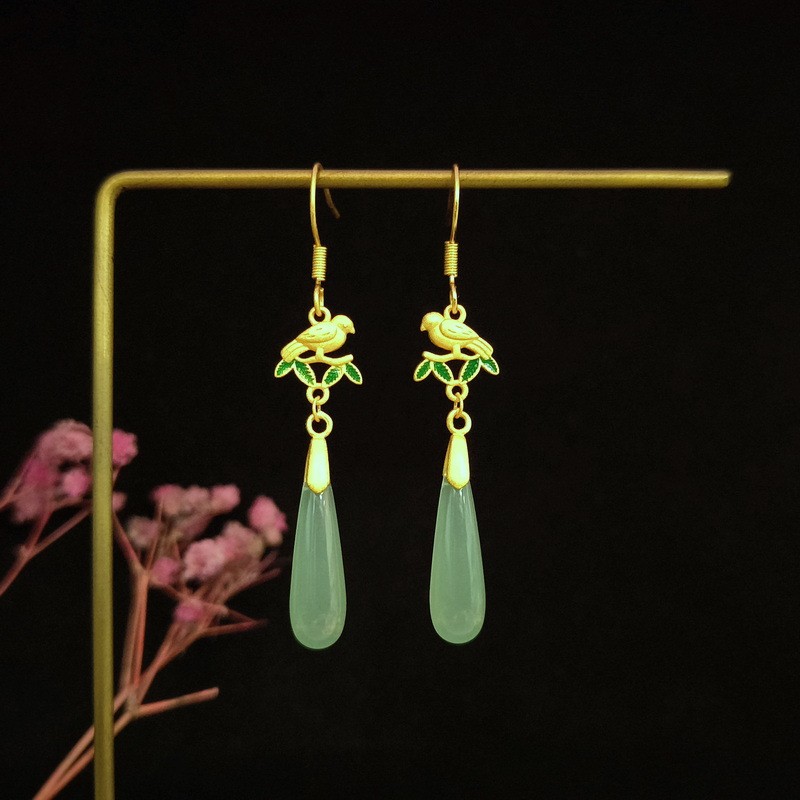 Dongling Jade Teardrop Dangle Earrings Magpie Chinese Style Qipao Women