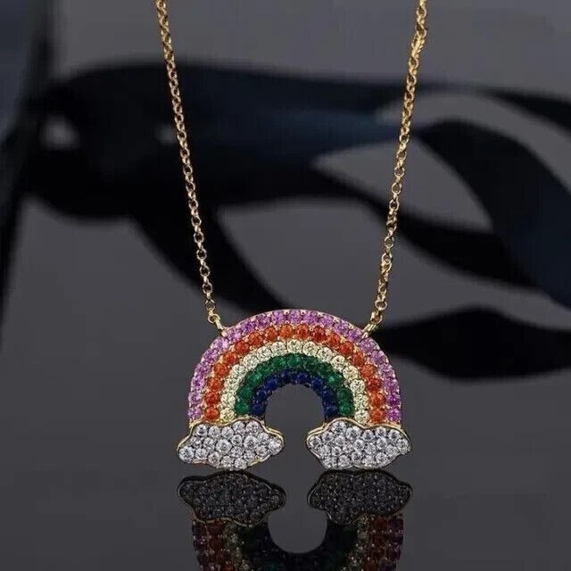 Round Cut Simulated Diamond Stunning Rainbow Pendant In 14K Yellow Gold Plated