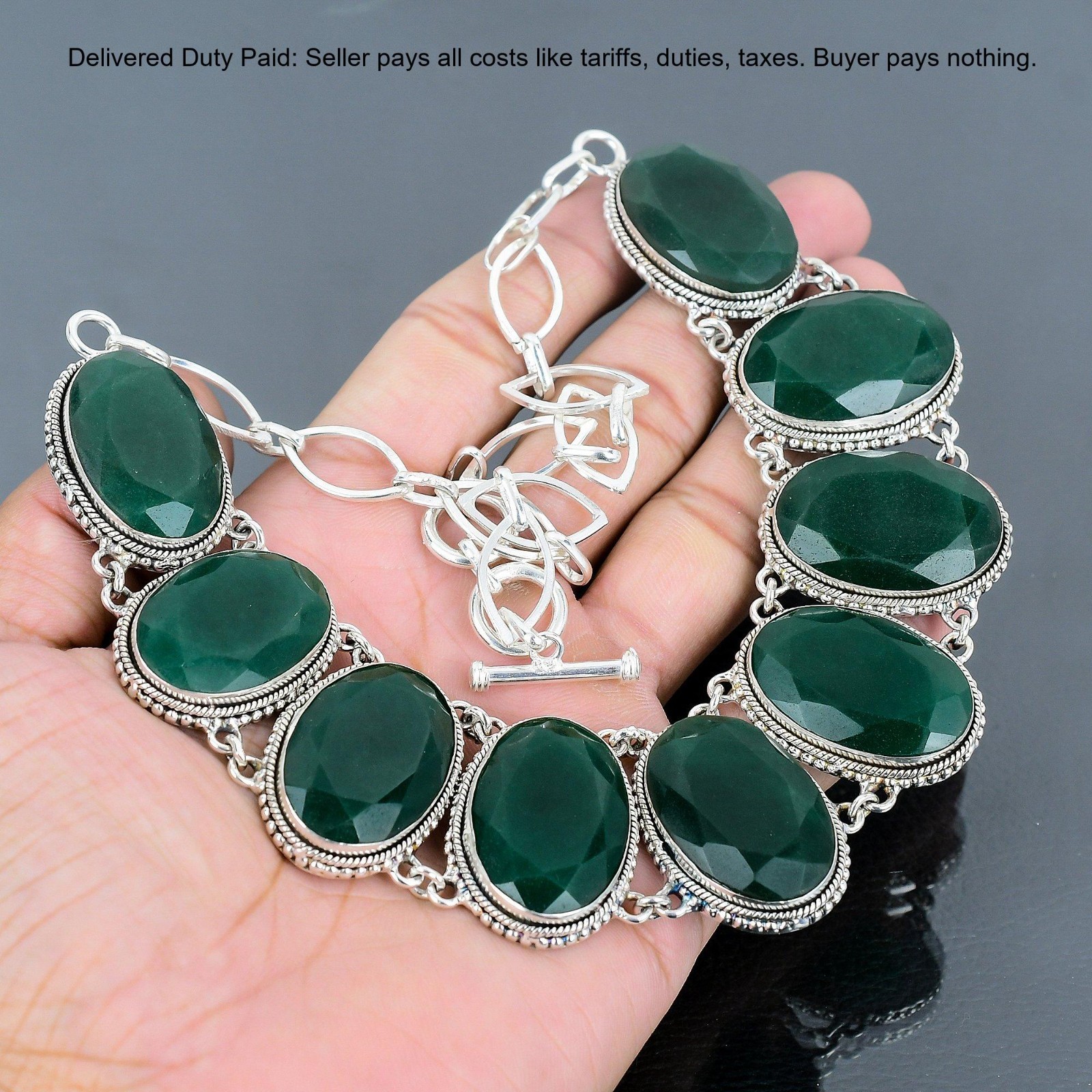 925 Silver Zambian Emrald Gemstone Bezel New Chain Vintage Wife Necklace Jewelry