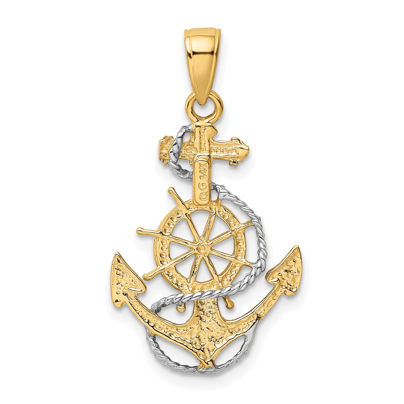 14k Gold Nautical Pendant Anchor Ship Wheel Rope Rhodium Unisex Maritime Charm