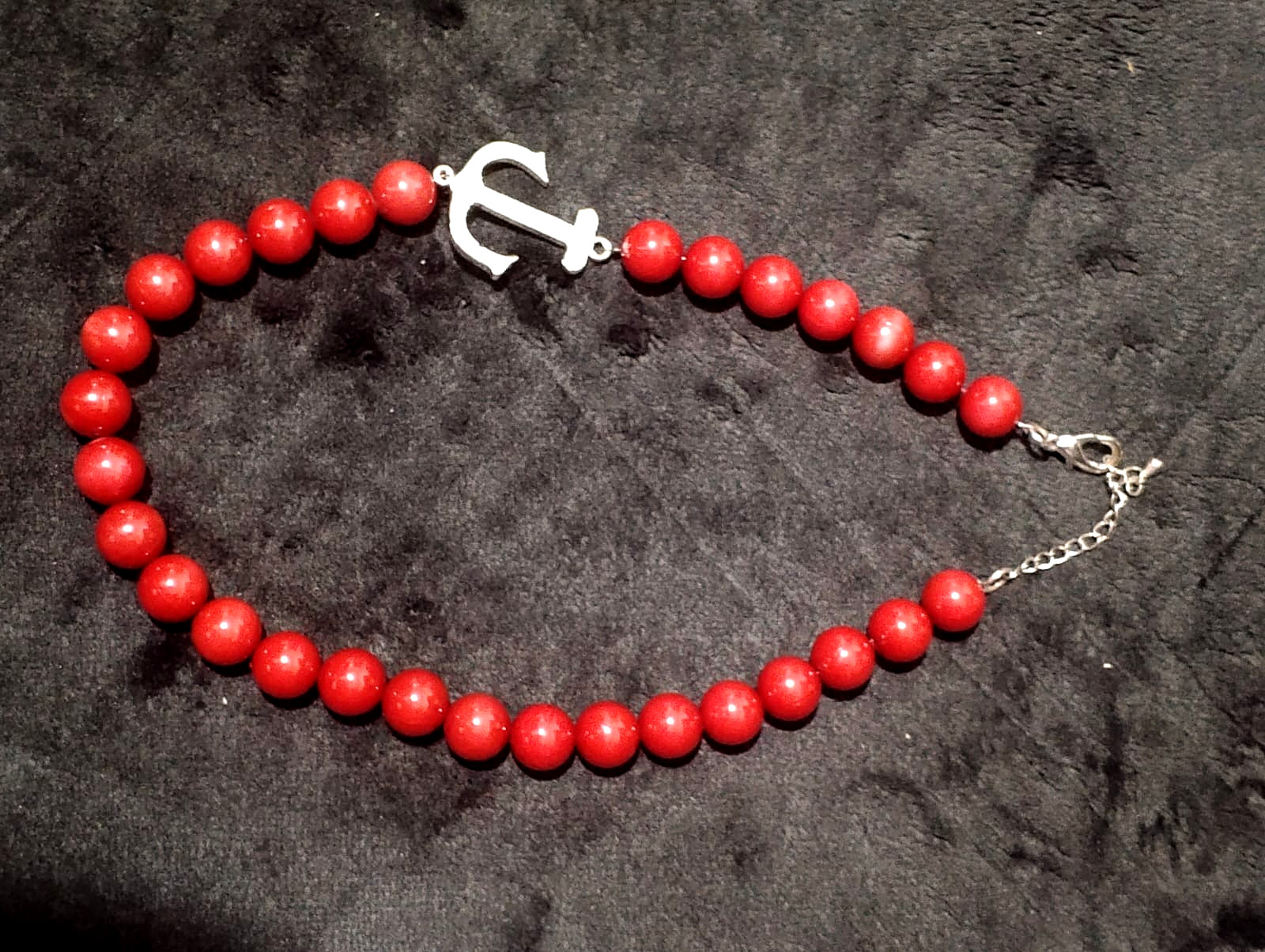 Handmade Red Round Bead Necklace – Silver Anchor Connector Charm