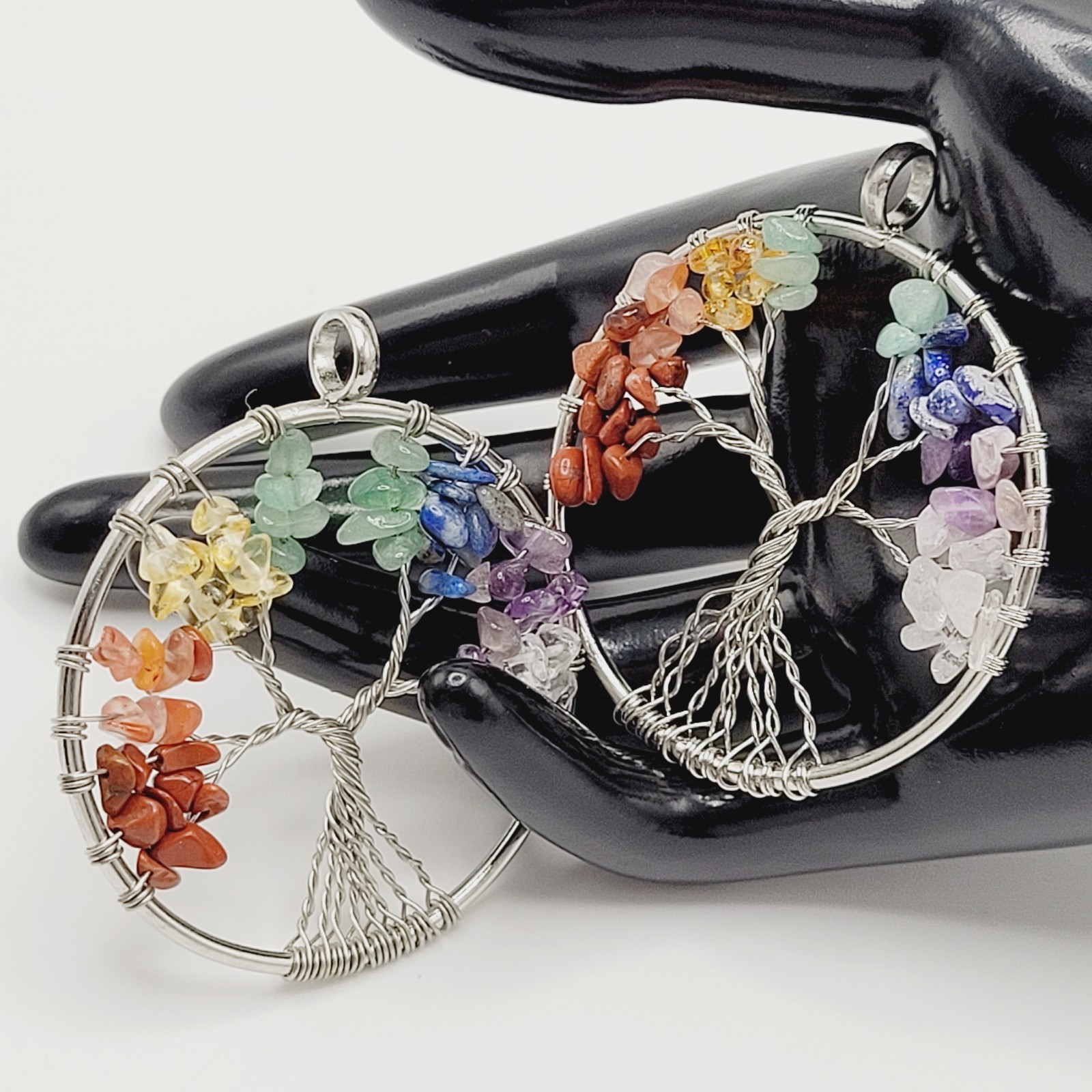 2 Tree of Life Silver Tone Twist Crystal Multi Stone Seven Chakras Round Pendant