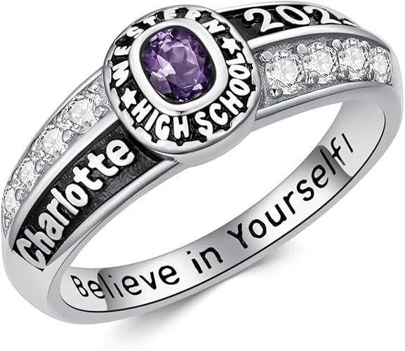 High School Class Ring For Women Custom Gemstone, University Name Inner Engraved