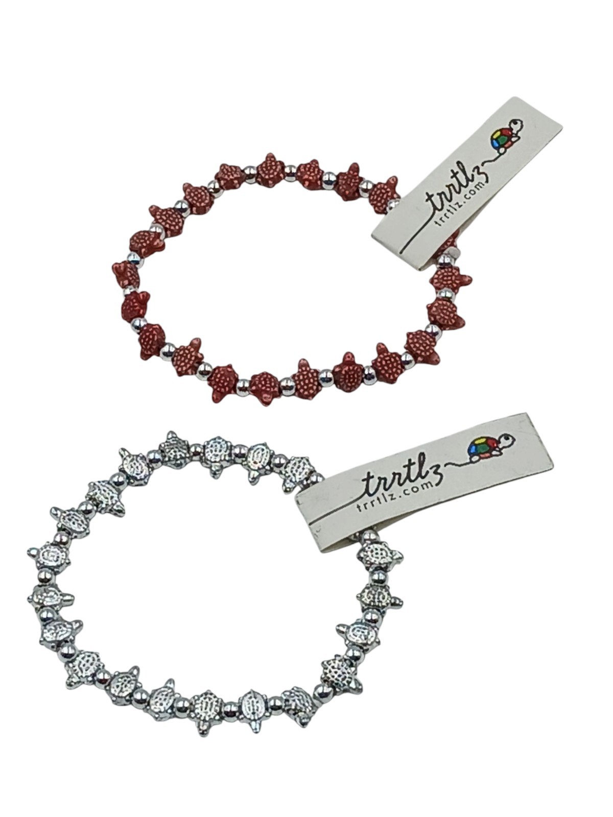 TRRTLZ Turtles Stretch Bracelet 2pc Shiny Silver & Brown Silver Bead Spacer