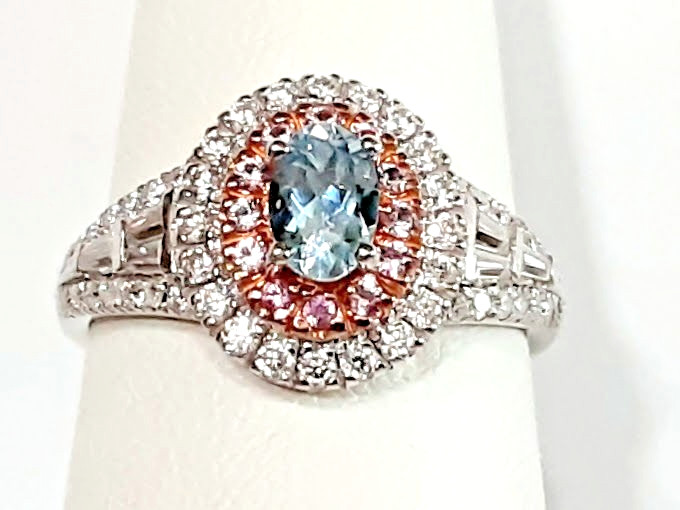 Santa Maria Aquamarine Pink Sapphire Moissanite Sterling Silver Ring Size 7