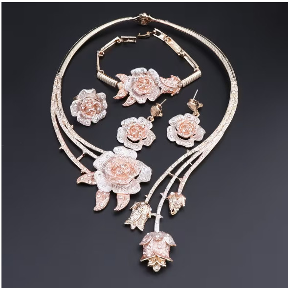 JEWELRY SET-5Pcs Classic Luxury Rhinestone Flower Shape Necklace Set