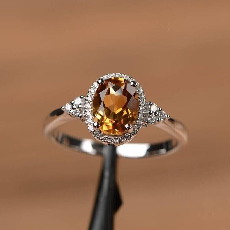 2 Ct Oval Cut Simulated Citrine Engagement Halo Ring 14k White Gold Plated