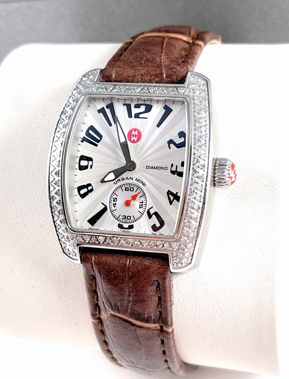 Michele Mini Urban Diamond Watch With Brown Leather Band in Excellent Cond.