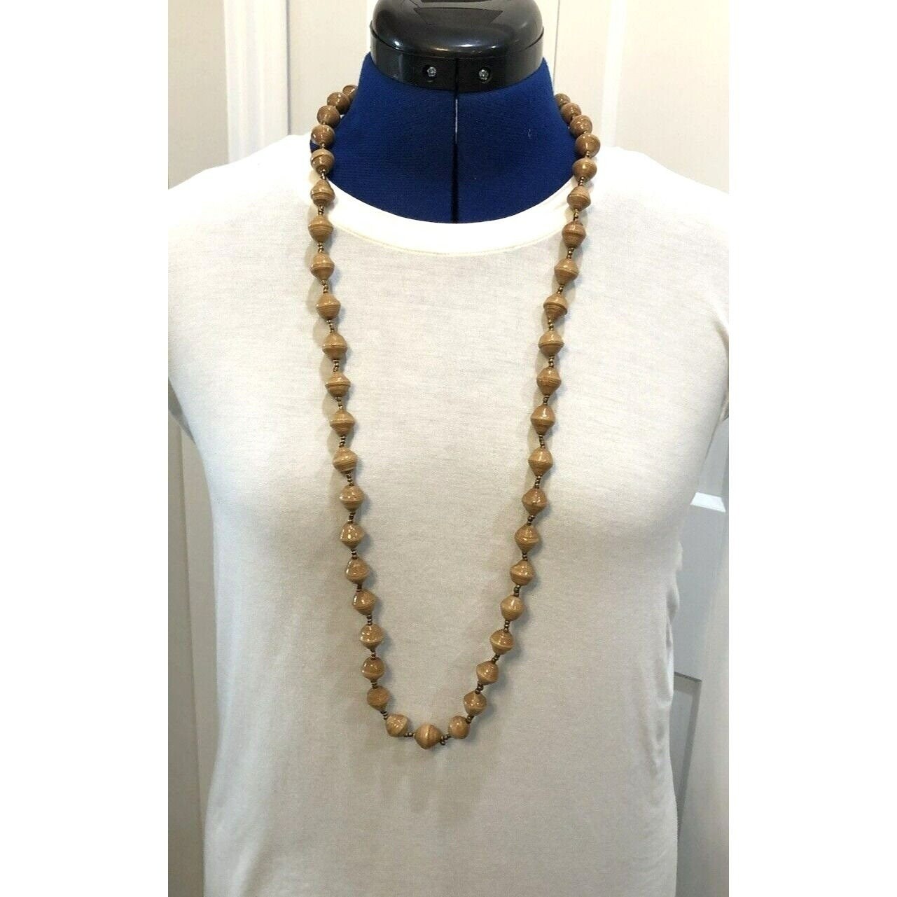 Tan Paper Bead Long Necklace Boho Wood Grain Style Gold Spacers 39 Inch