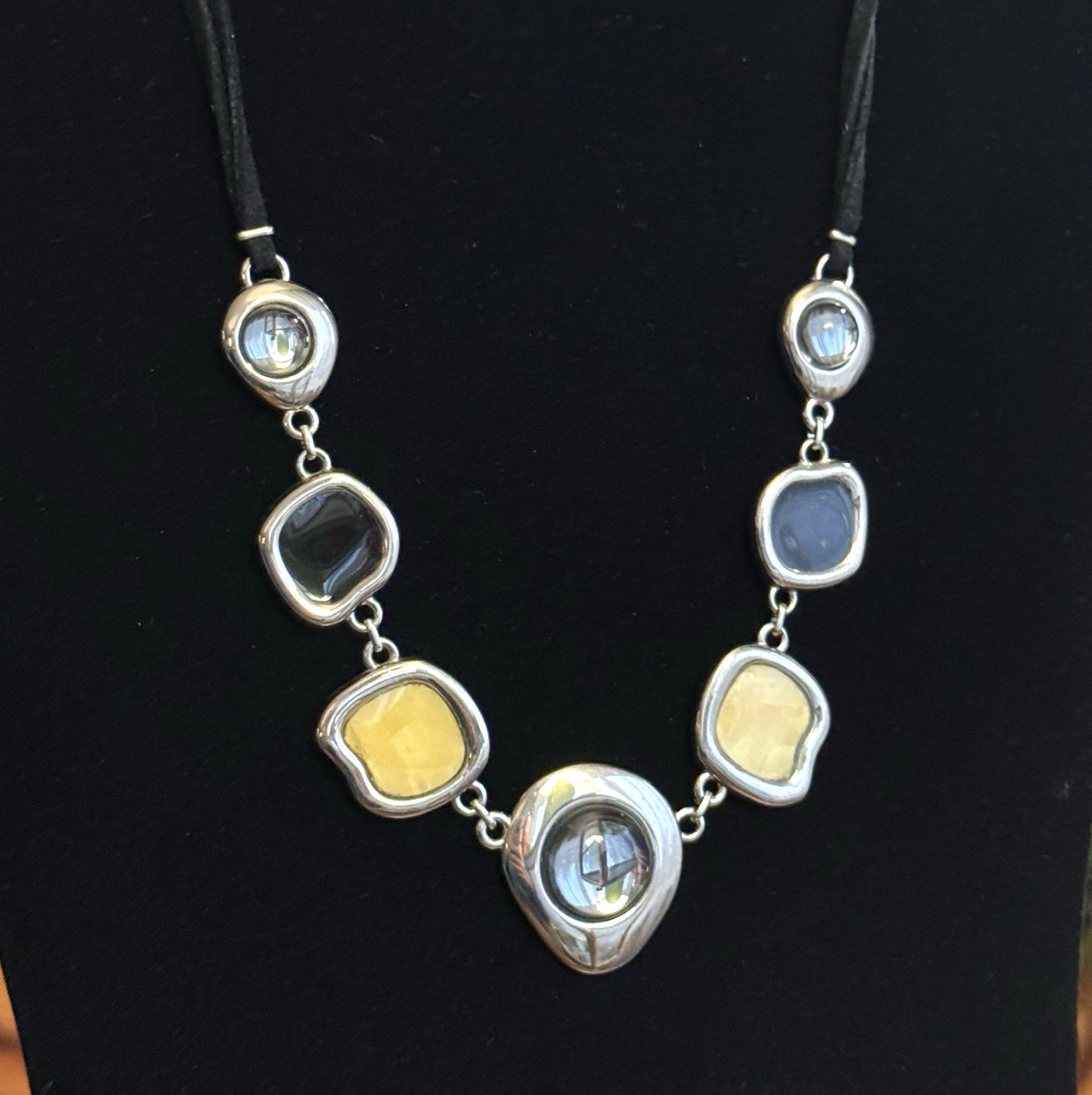 LIA SOPHIA ‘Milky Way’ Black Yellow Gray Enamel & Glass Silver Tone Necklace