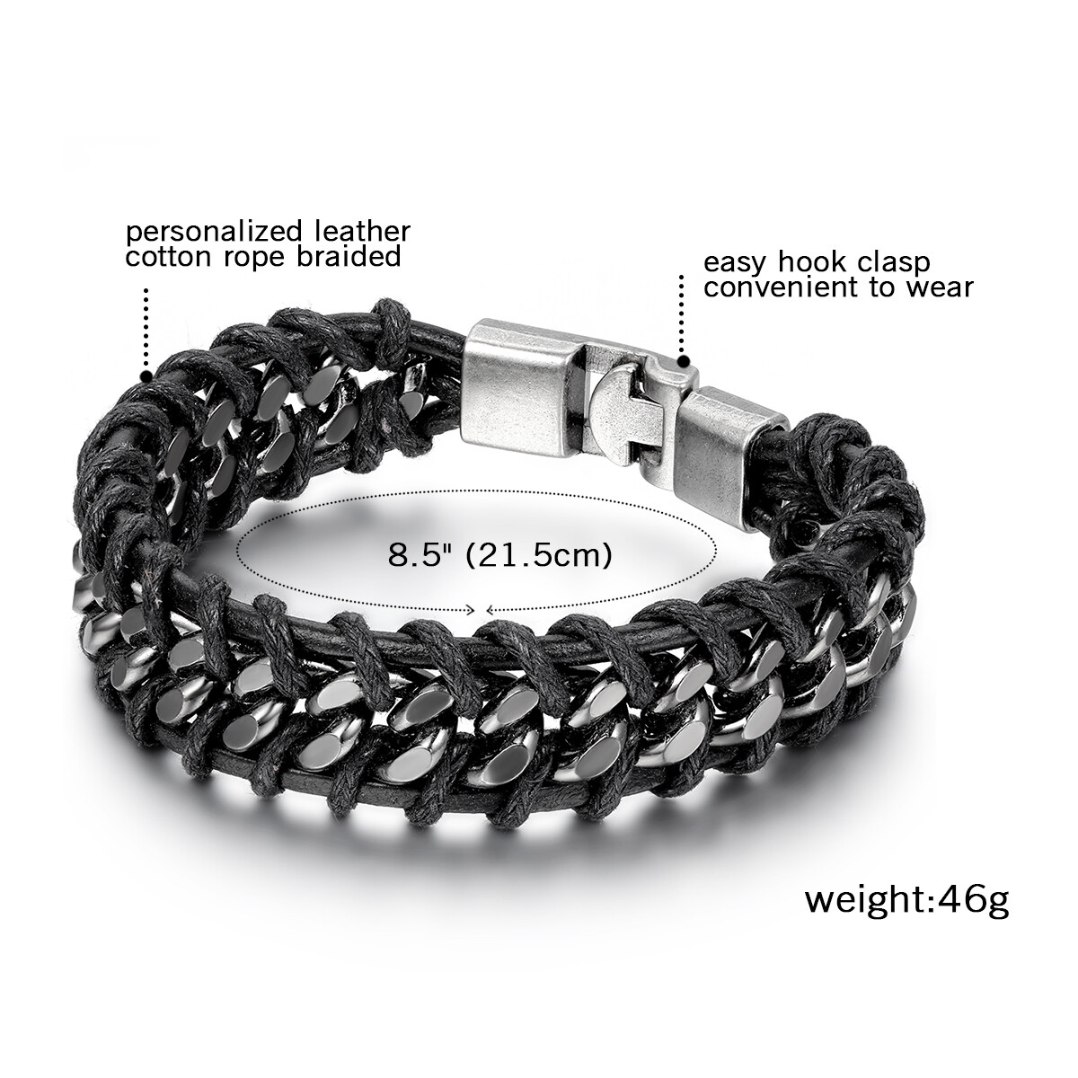 Black Braided Leather Silver Stainless Steel Cuban Chain Men’s Bracelet Bangle