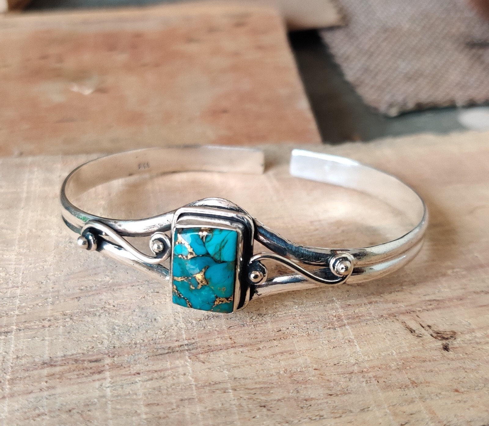 Blue Copper Turquoise Gemstone 925 Sterling Silver Adjustable Bangle SR1219
