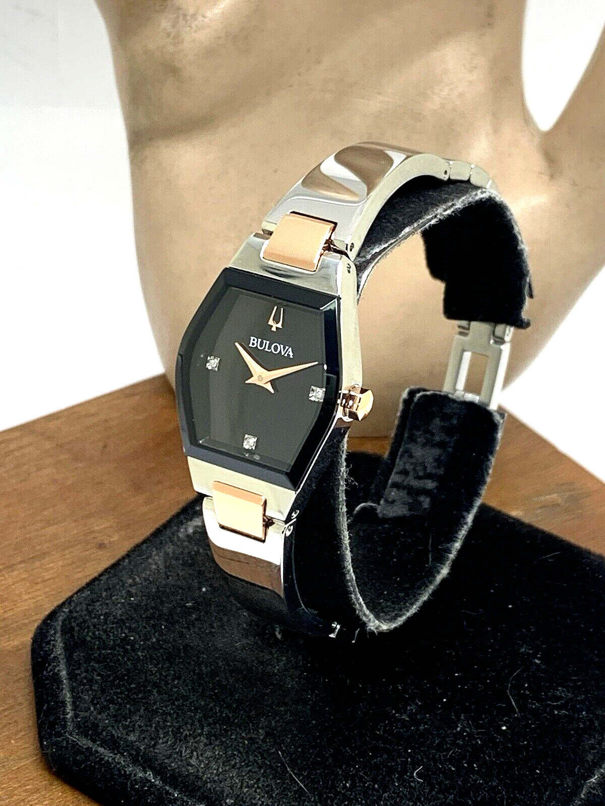 Bulova Womens Watch 98P216 Gemini Diamond Black Dial 2-Tone Quartz Petite 22.5mm