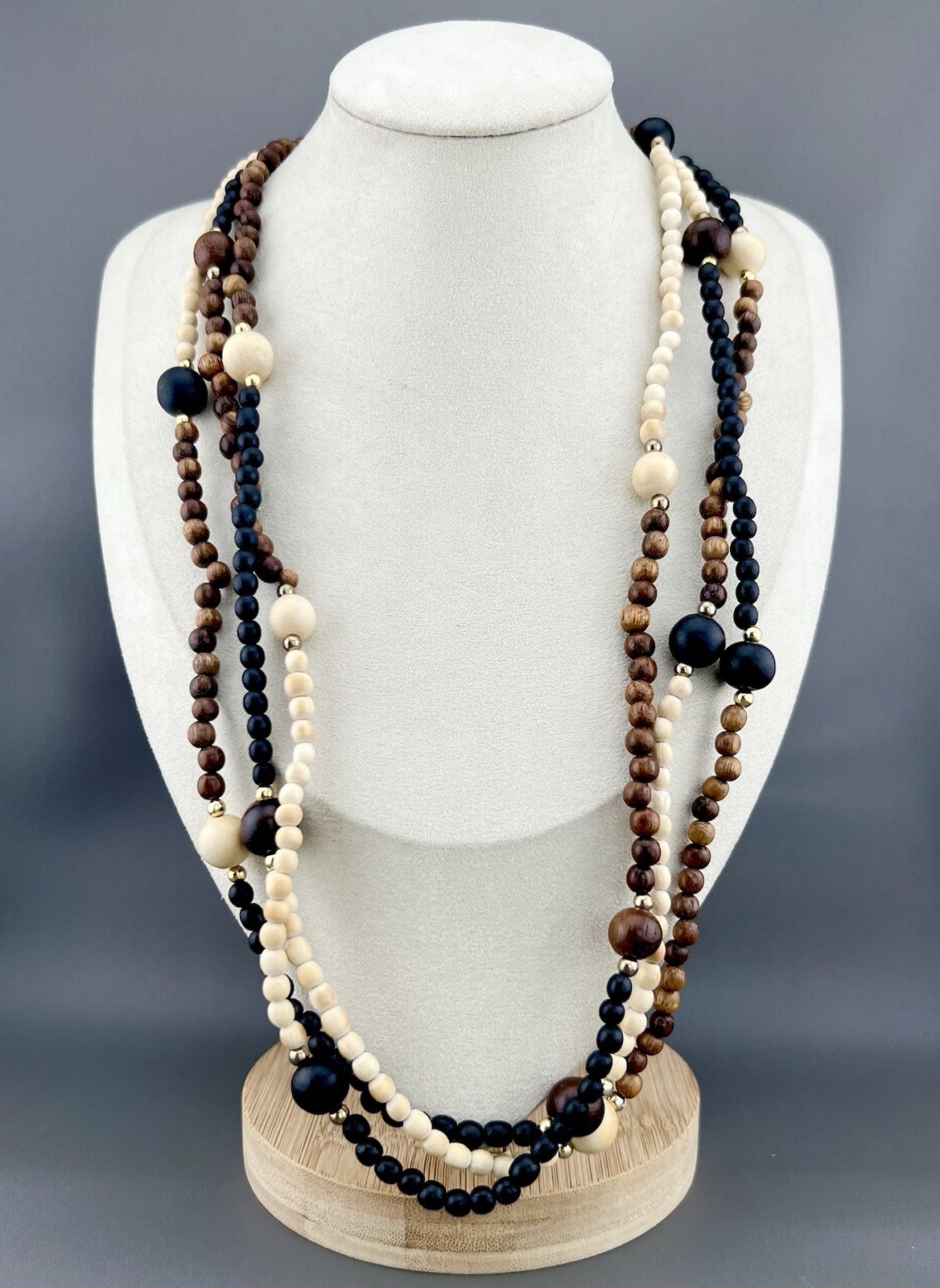 Vintage Beaded Necklace Earth Tone Boho Wood Multi Strand Statement 25”