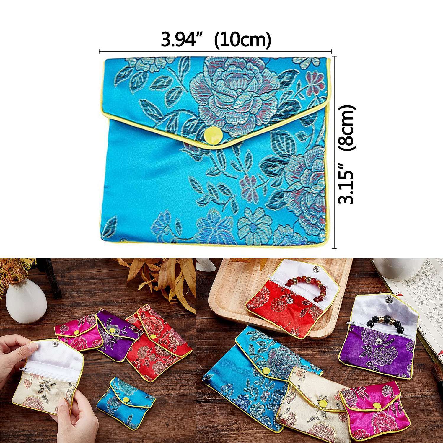 12 Fancy Silk Chinese Jewelry Purse Pouches with Zipper Gift Bag Pouch 3″ x 3.9″