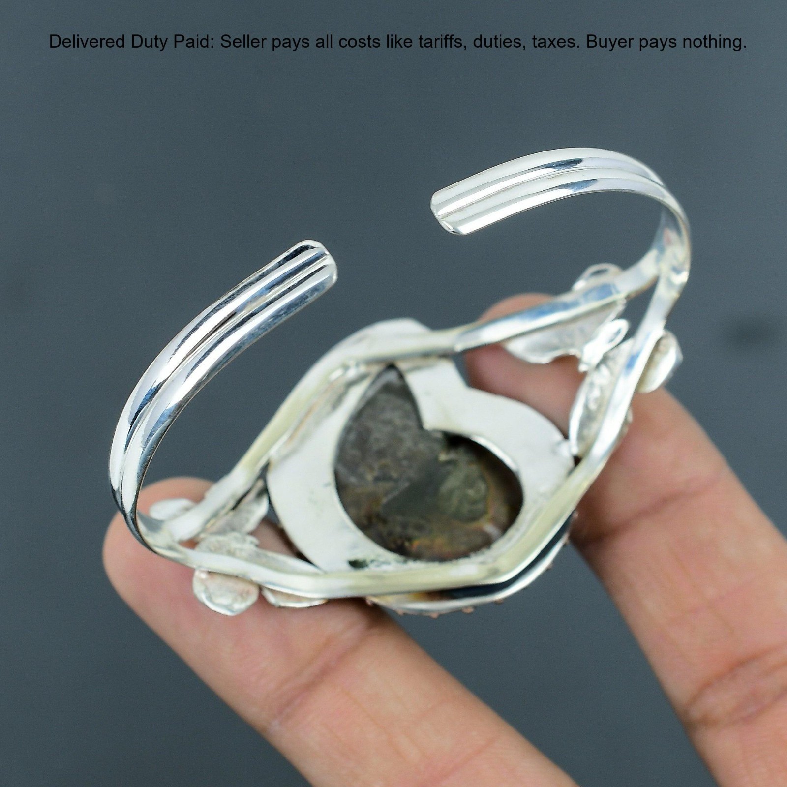 Christmas Deal Ammonite Fossil Gemstone Bezel Bangle Jewelry 925 Sterling Silver