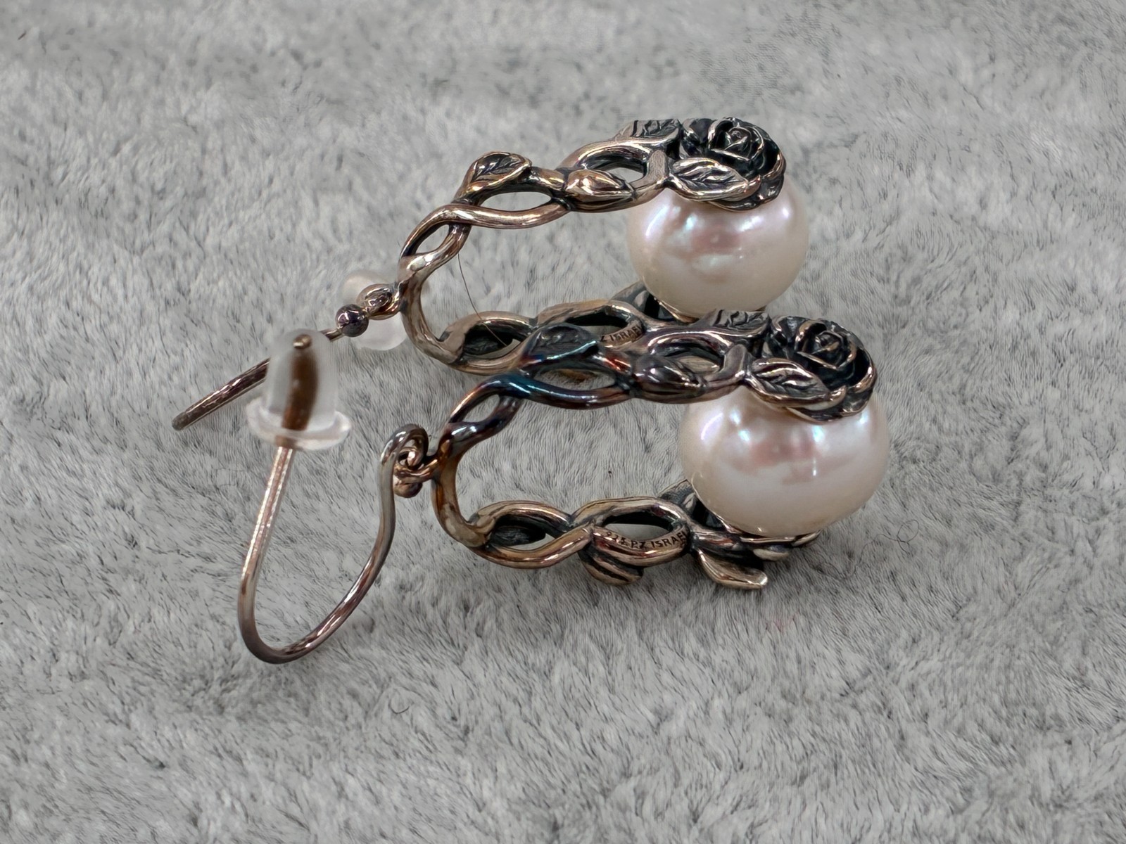 Or Paz White Cream Pearl Sterling Silver French Hook Floral Earrings Oxidized