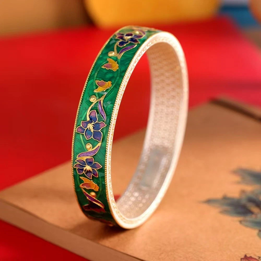 Pure S999 Fine Silver Bracelet 12mm Lucky Enamel Flower Bangle 34-35g ID:60mm