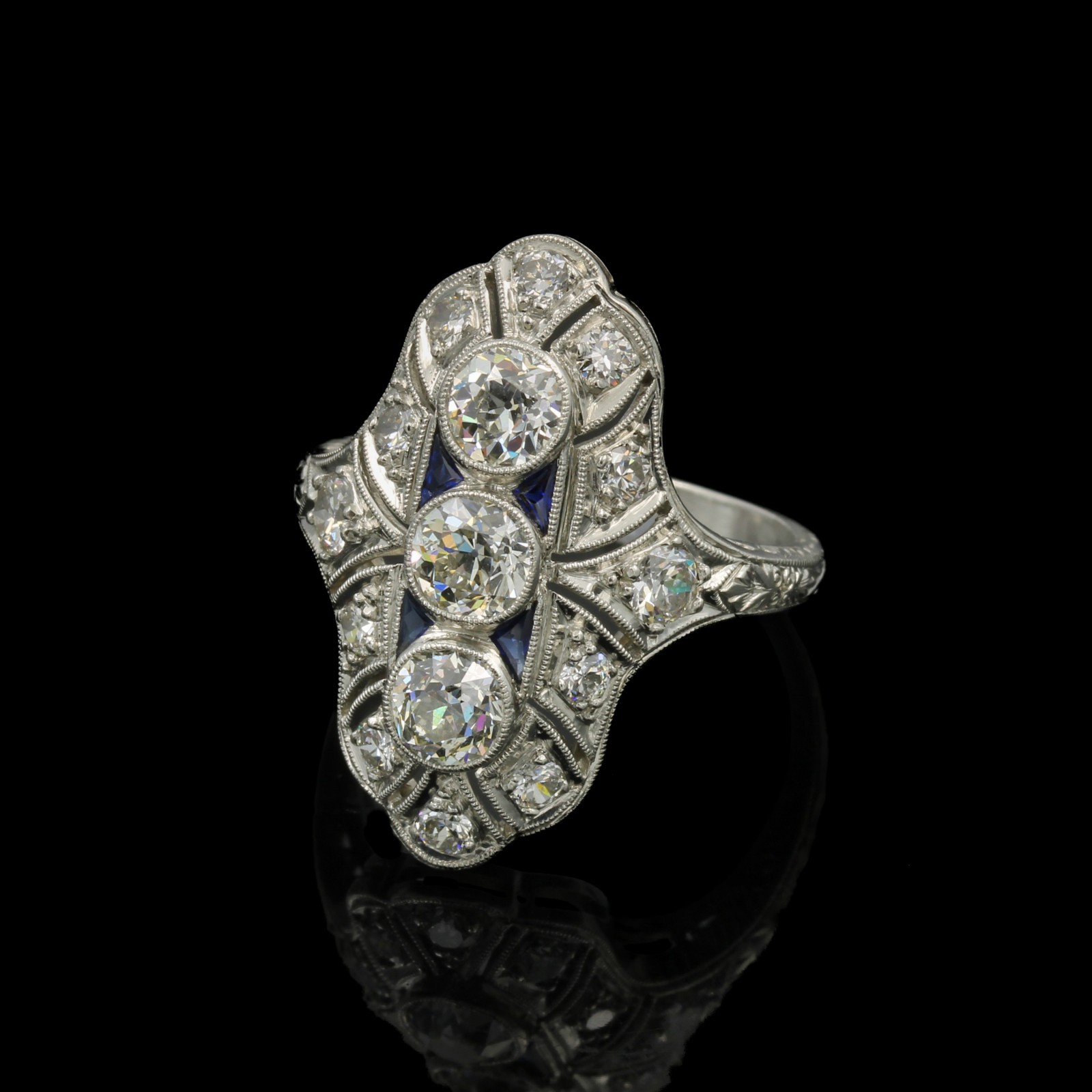 Art Deco Platinum Die Struck 1.20ctw Diamond 3 Stone Shield Sz 5 Ring #E74974-2