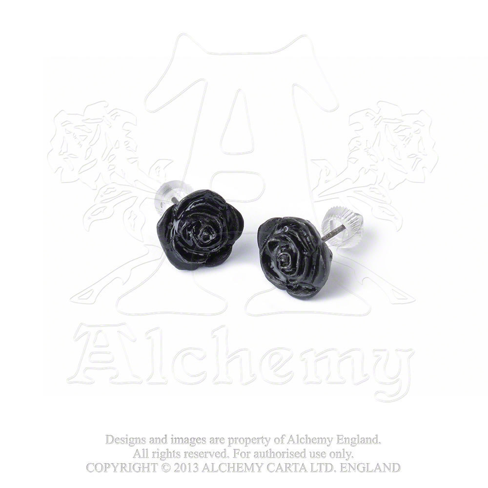 Alchemy Gothic The Romance of Black Rose Stud Earrings Surgical Posts Pair E339