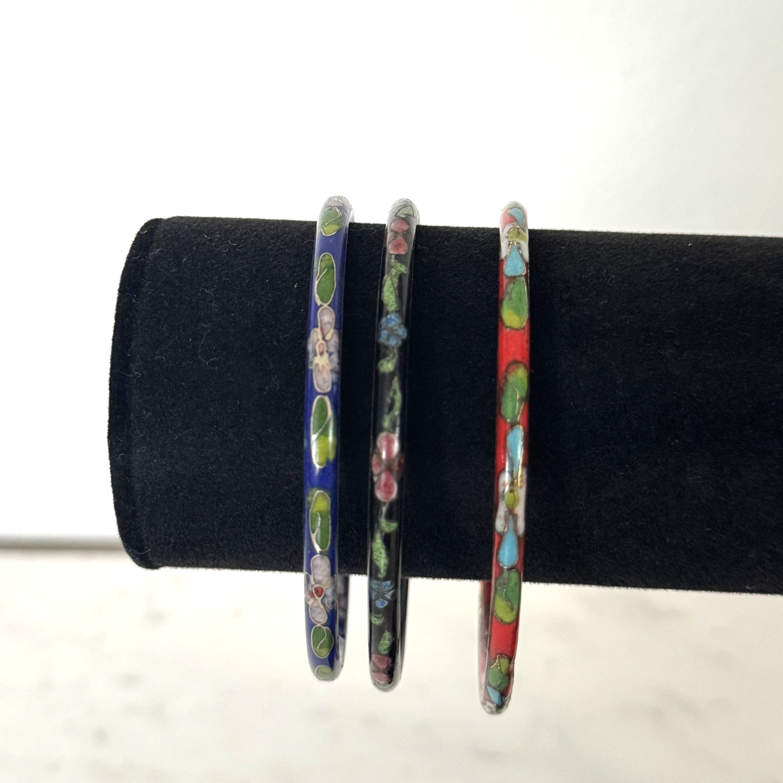 Vintage Lot of 3 Cloisonne Enamel Slender Bangle Bracelets- Black, Red, Blue