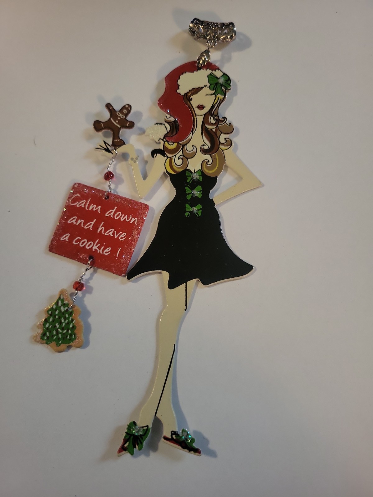 Christmas Pendant White Woman Dressed In Holiday Outfit With A Sign